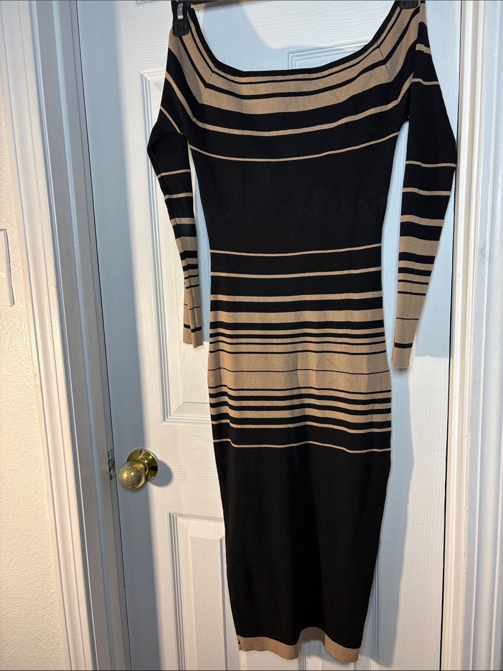 Fashion Nova Black and Beige Striped Midi Bodycon Dress